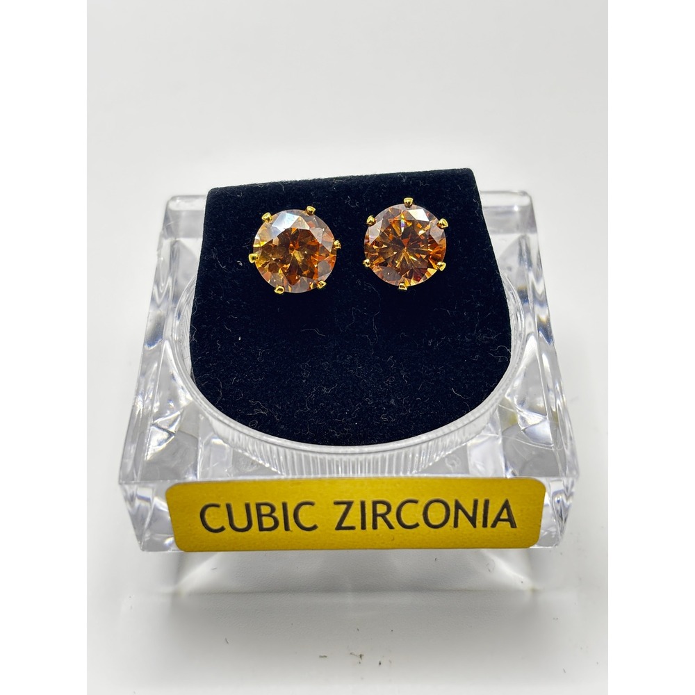 Cognac Amber Cubic Zirconia Stud Earrings Gold Tone Round Cut 6-Prong Basket
